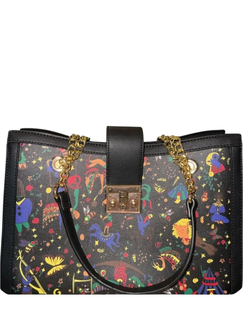 Designer-Inspired Black Multicolor Patterned Tote Bag
